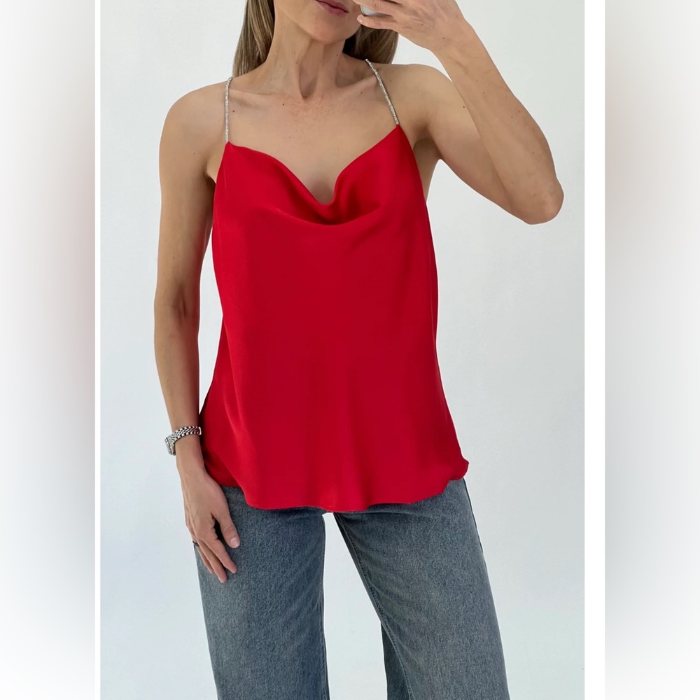 Red satin cowl neck top NWT
